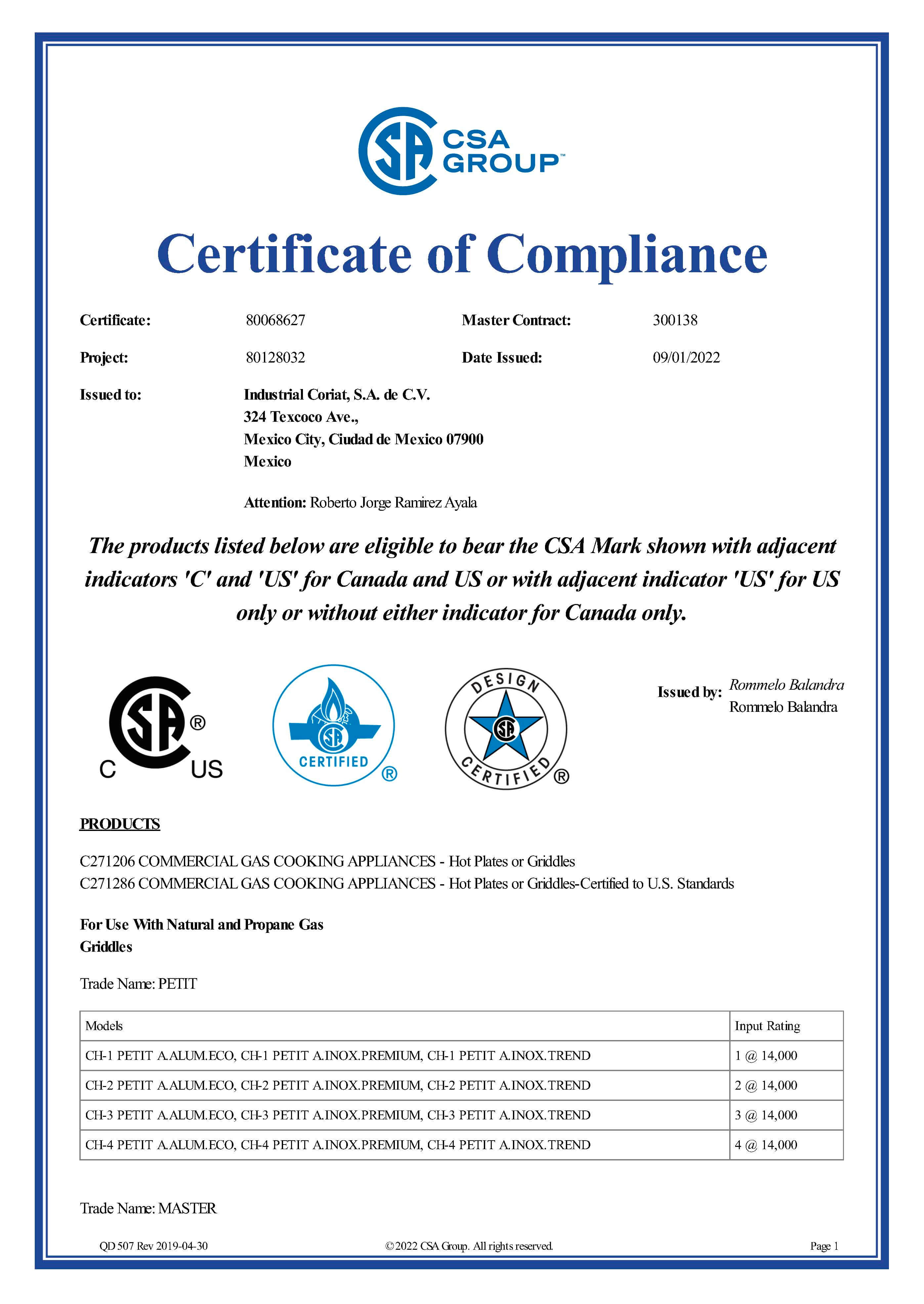 CSA Certificado Coriat Planchas